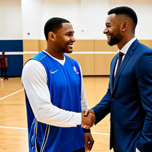 Home 4 Sports Management - Building Relationships**
"A fully clothed sports manager in appropriate business attire, shaking hands with a professional basketball player in a modern gym setting, safe for work, family-friendly, perfect anatomy, well-formed hands, correct proportions, modest clothing, professional photograph, high quality."
**